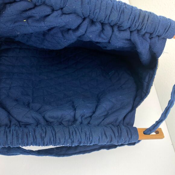 Vintage 80s Quilted Knitting Bag Handbag Purse Floral Wood Handles Pocket Boho - Picture 9 of 10